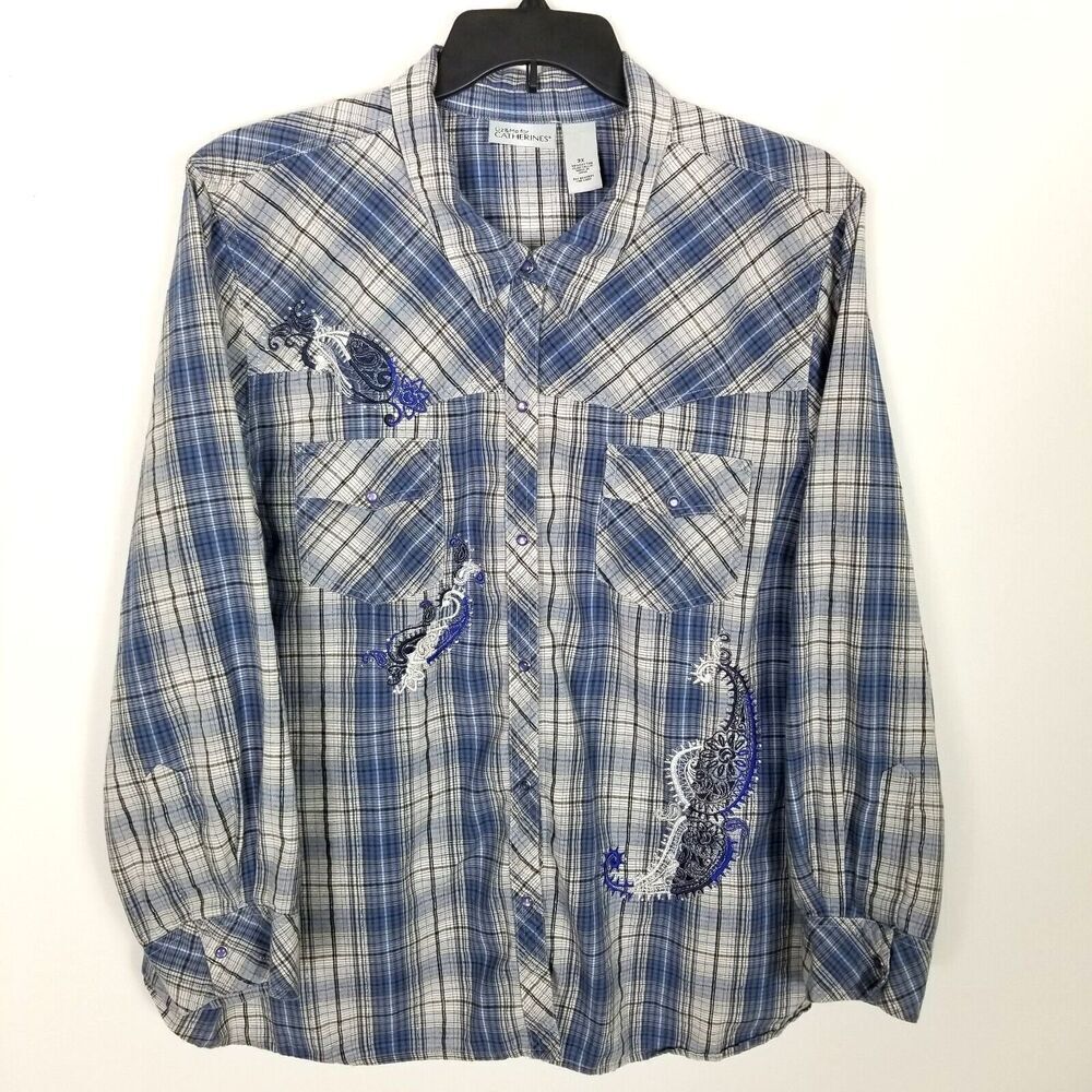 Liz Me CATHERINES Women Plus Western Pearl Snap Shirt Sz 3X Blue Plaid Embroider